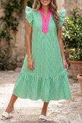 Bright Green Colour Block Plaid Summer Midi Dress S-XL