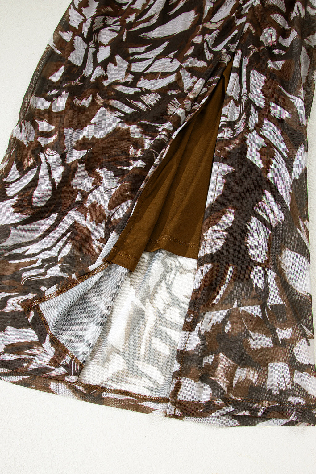 Brown Abstract Print Mesh Cowl Neck Ruched Midi Dress with Slit S-XL