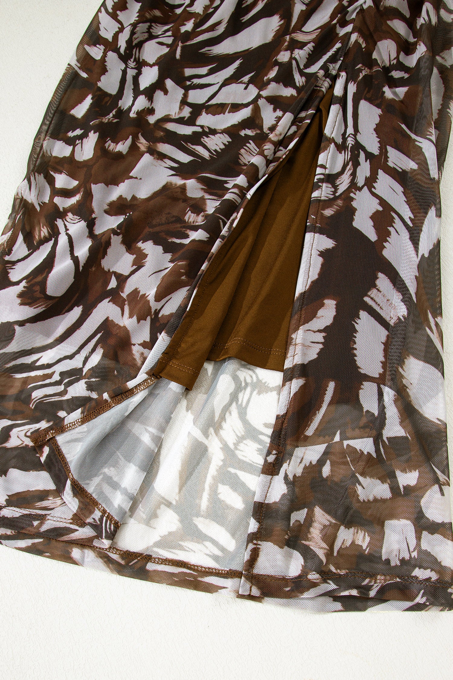 Brown Abstract Print Mesh Cowl Neck Ruched Midi Dress with Slit S-XL