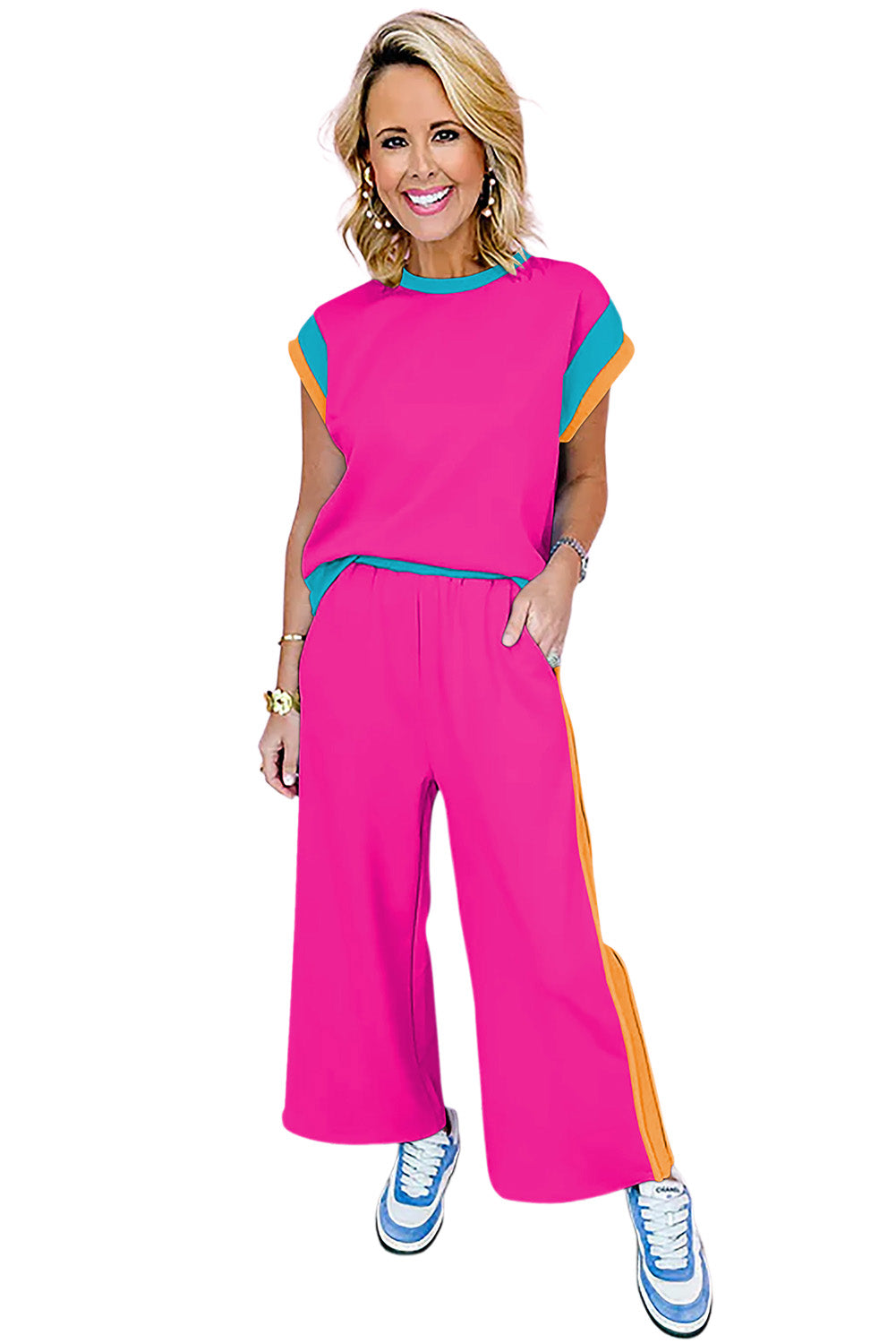 Colour Block Cap Sleeve Tee & Crop Wide Leg Trousers Set | 8 Colours