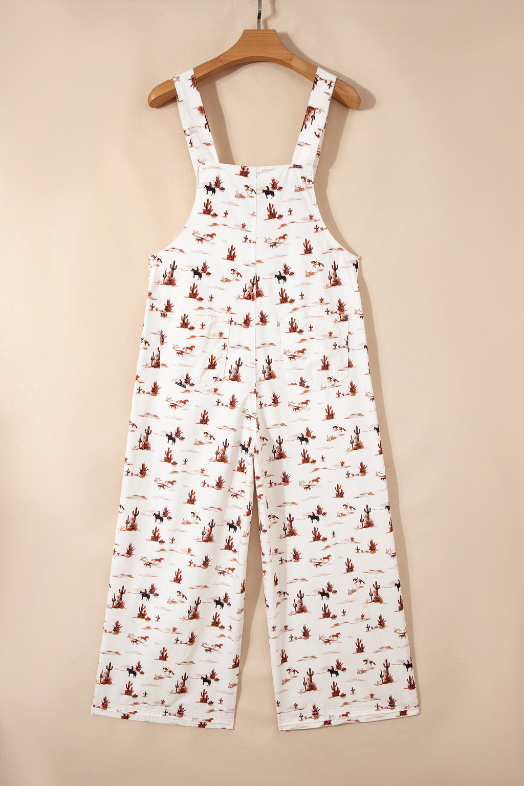 Beige Western Print Adjustable Strap Loose Dungaree Jumpsuit