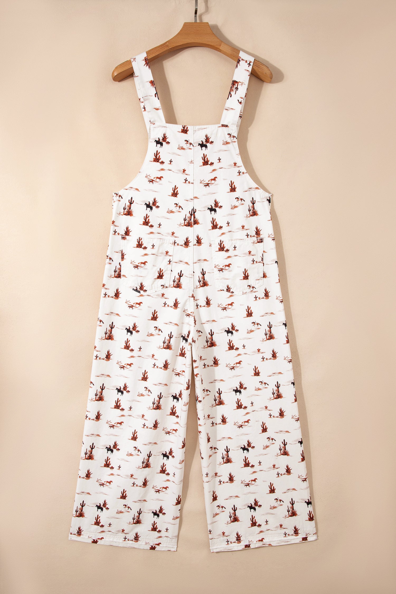 Beige Western Print Adjustable Strap Loose Dungaree Jumpsuit