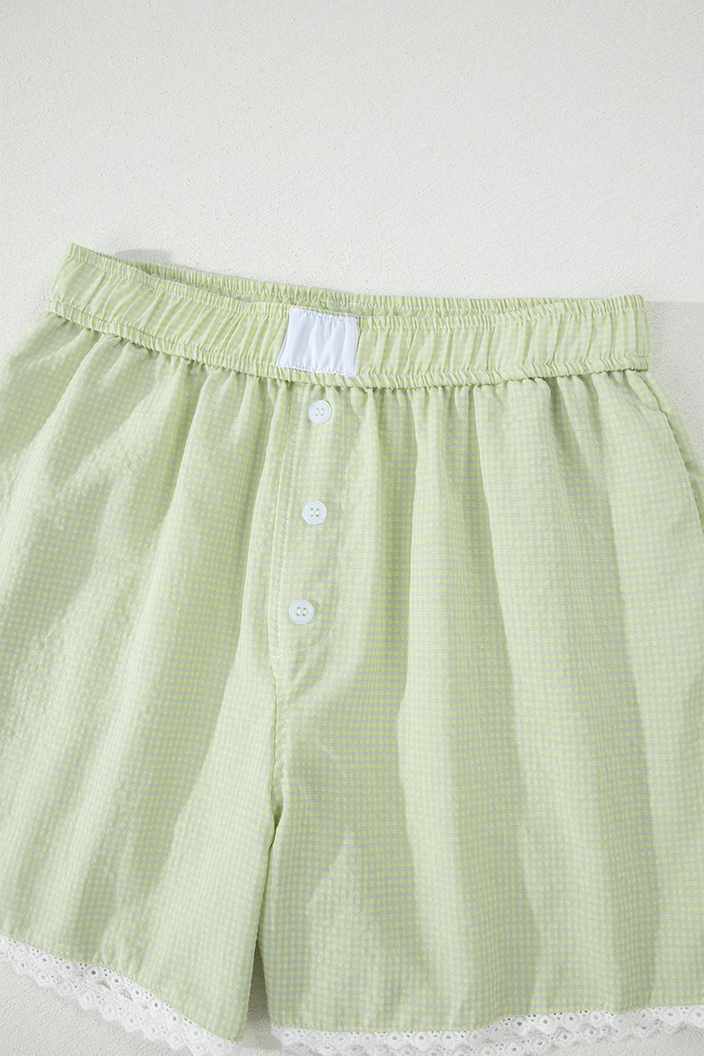 Women's Green Gingham Plaid Button Detail Lace Trim Boxer Shorts at LivelyLooks