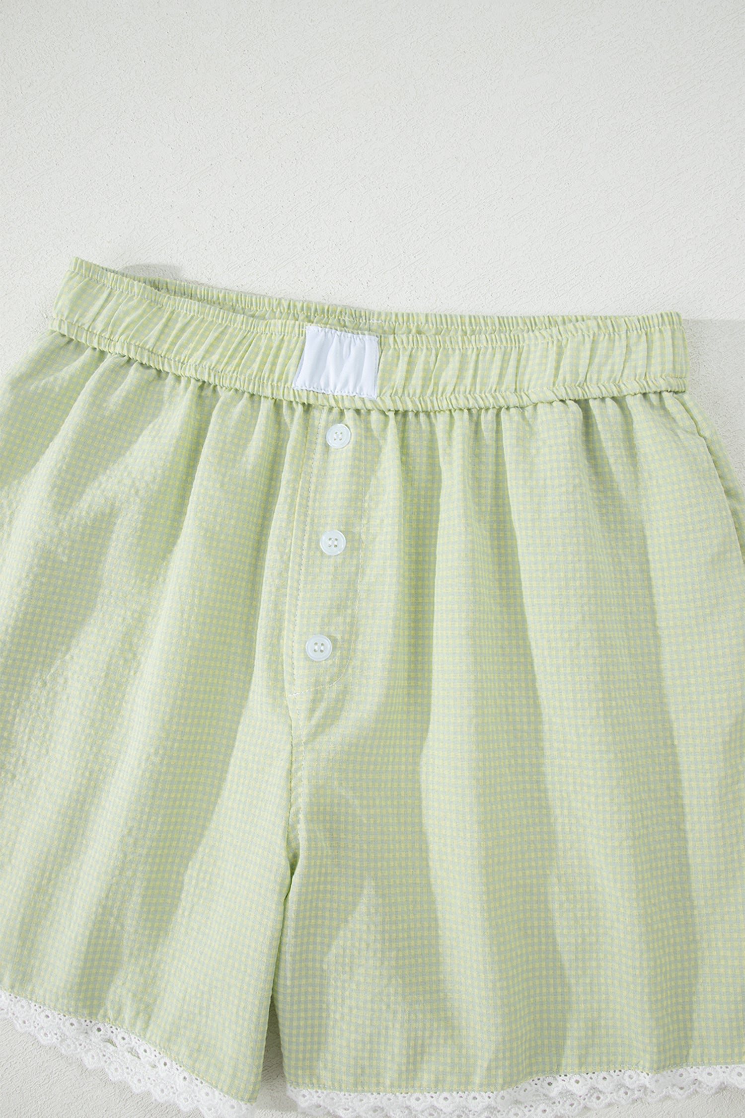 Women's Green Gingham Plaid Button Detail Lace Trim Boxer Shorts at LivelyLooks