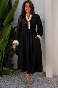 Women's Black Contrast Leopard Frilled Trim V Neck Bracelet Sleeve Midi Dress at LivelyLooks