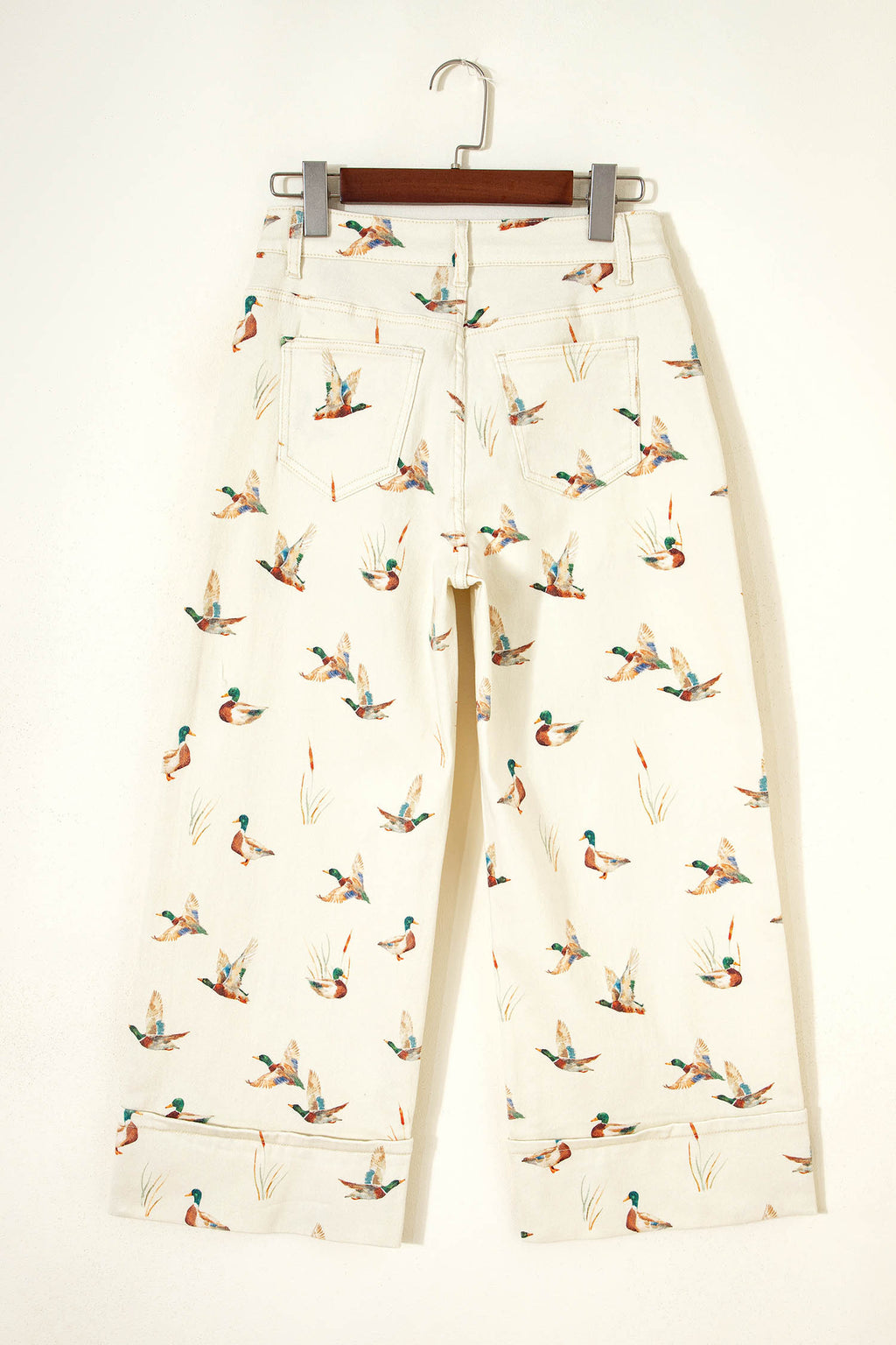 Women's Beige Mallard Print Cuffed Hem Shift Jeans Pockets Elastic UK 4-16 at LivelyLooks