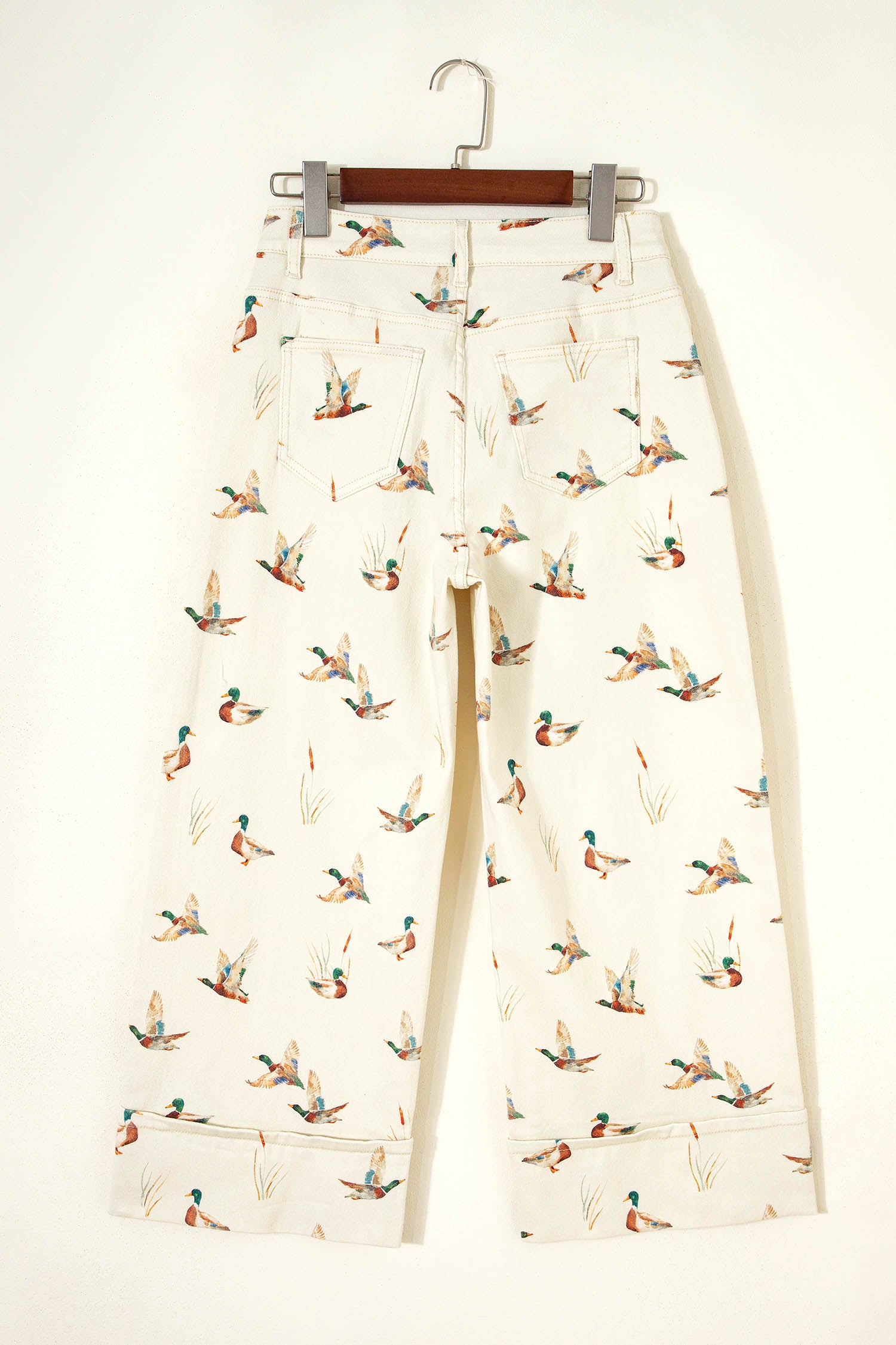 Women's Beige Mallard Print Cuffed Hem Shift Jeans Pockets Elastic UK 4-16 at LivelyLooks