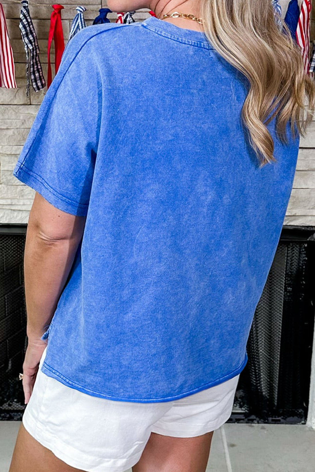 Women's White & Sky Blue Star Patch Notched Neck Mineral Wash Dolman Tee at LivelyLooks