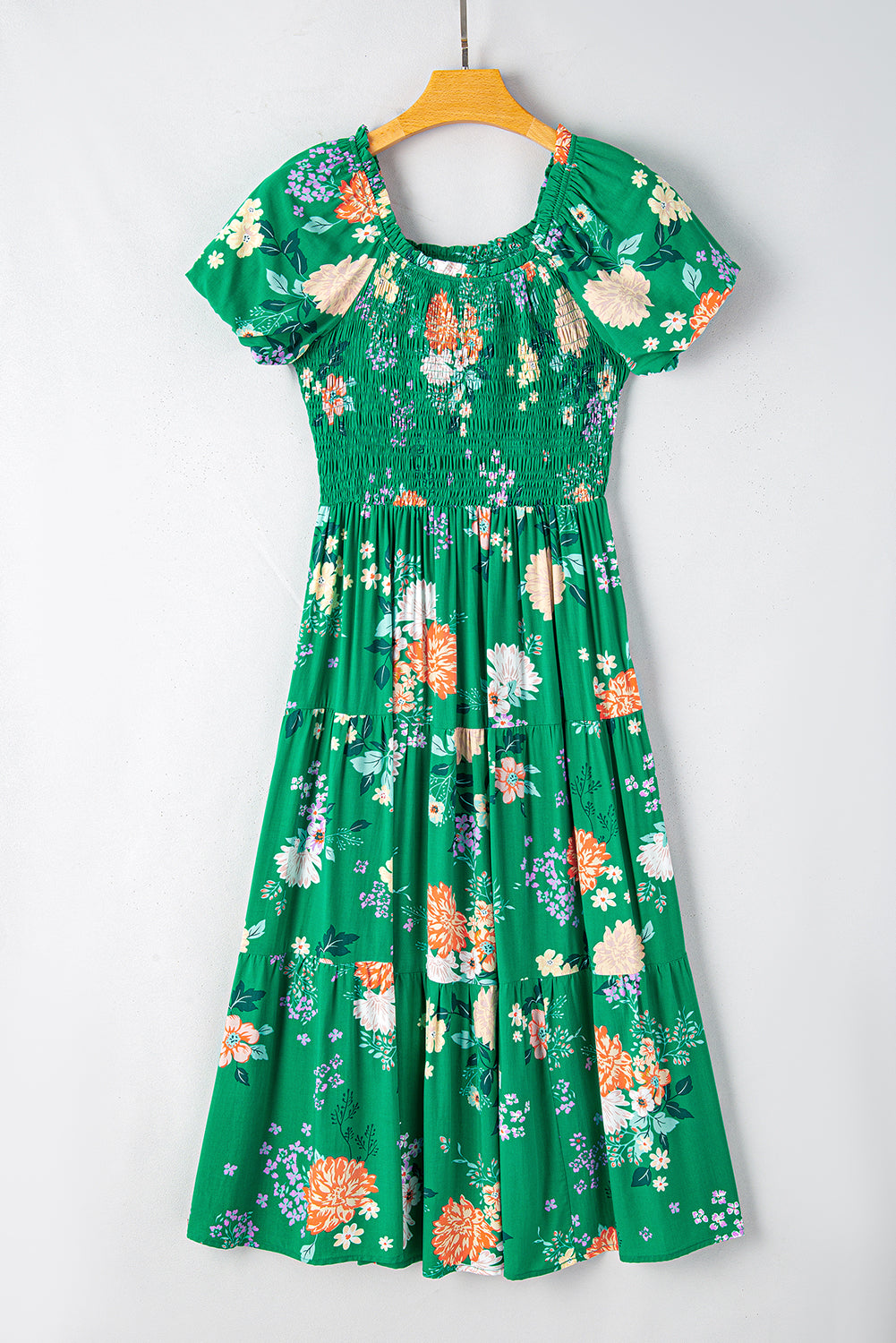 LivelyLooks Green Floral Bubble Sleeve Smocked Tiered Midi Dress women's fashion