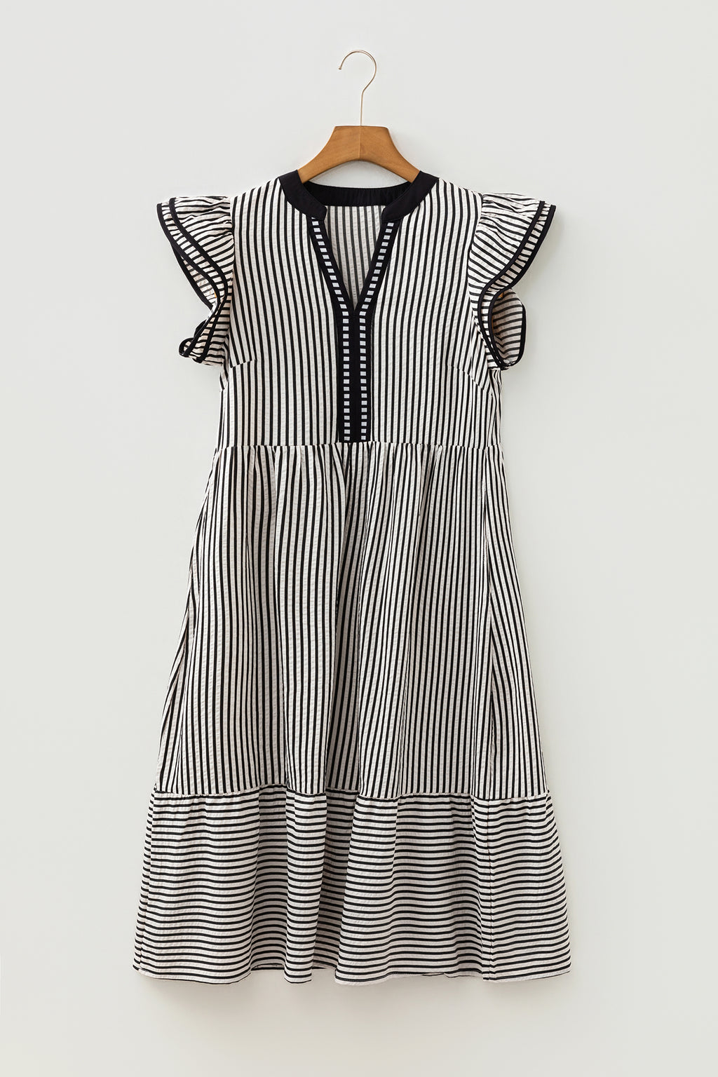 Stripe Double Ruffle Sleeve V-Neck Midi Dress | Green, Brown & Black