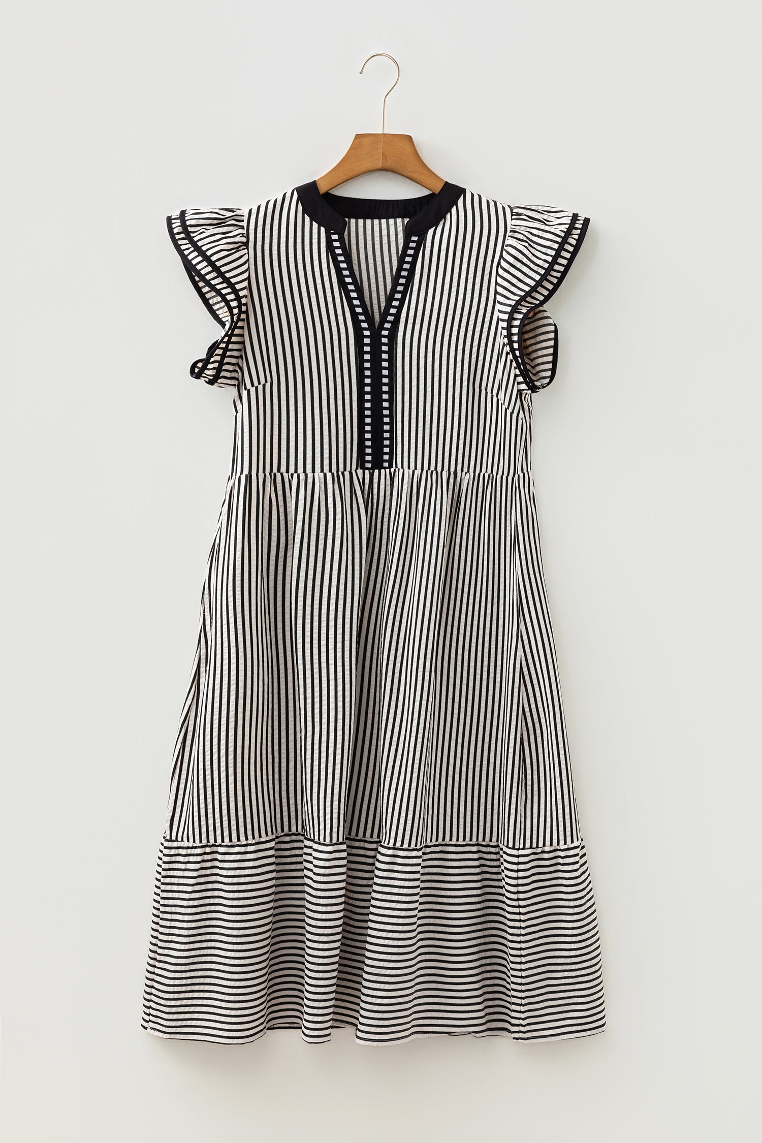 Stripe Double Ruffle Sleeve V-Neck Midi Dress | Green, Brown & Black