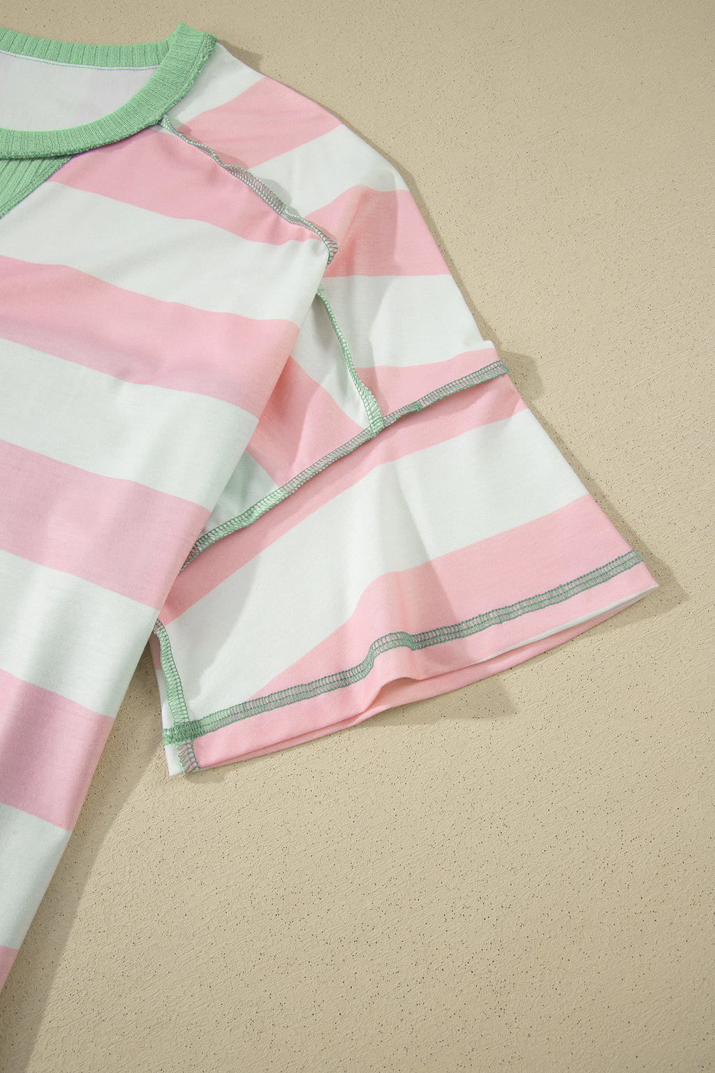 Stripe Colourblock Ribbed Patchwork Exposed Seam Oversized Tee | Pink & Green