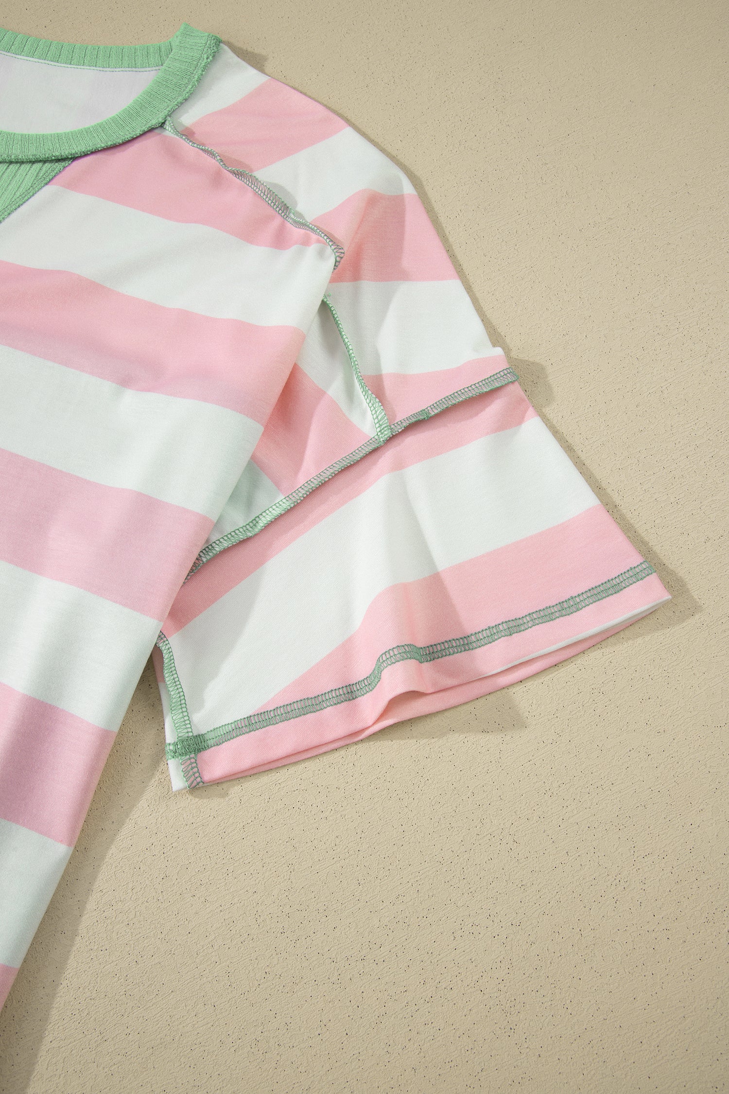 Stripe Colourblock Ribbed Patchwork Exposed Seam Oversized Tee | Pink & Green