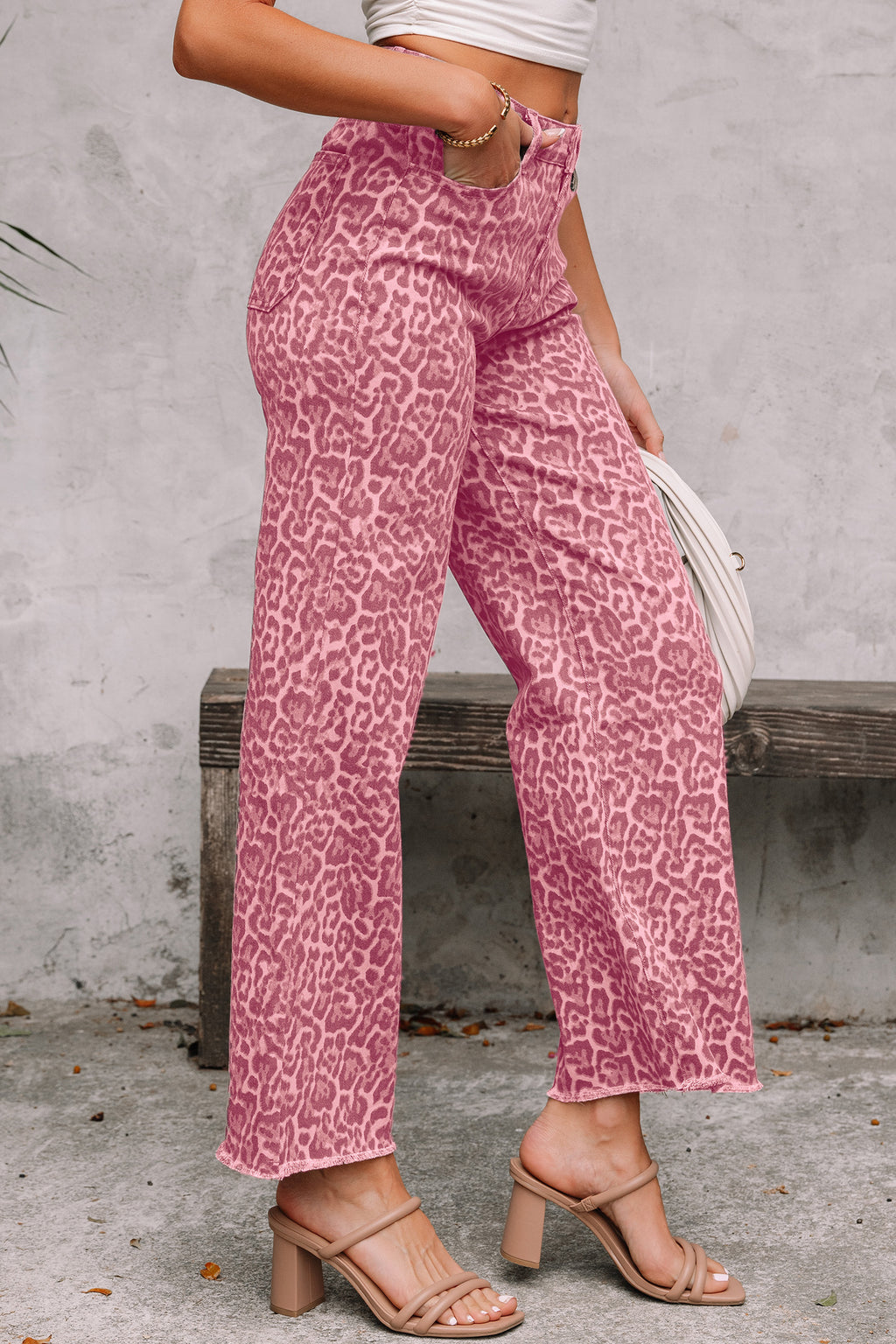 Women's Leopard Print Wide Leg High Waist Jeans | Brown, Grey, Blue & Pink at LivelyLooks