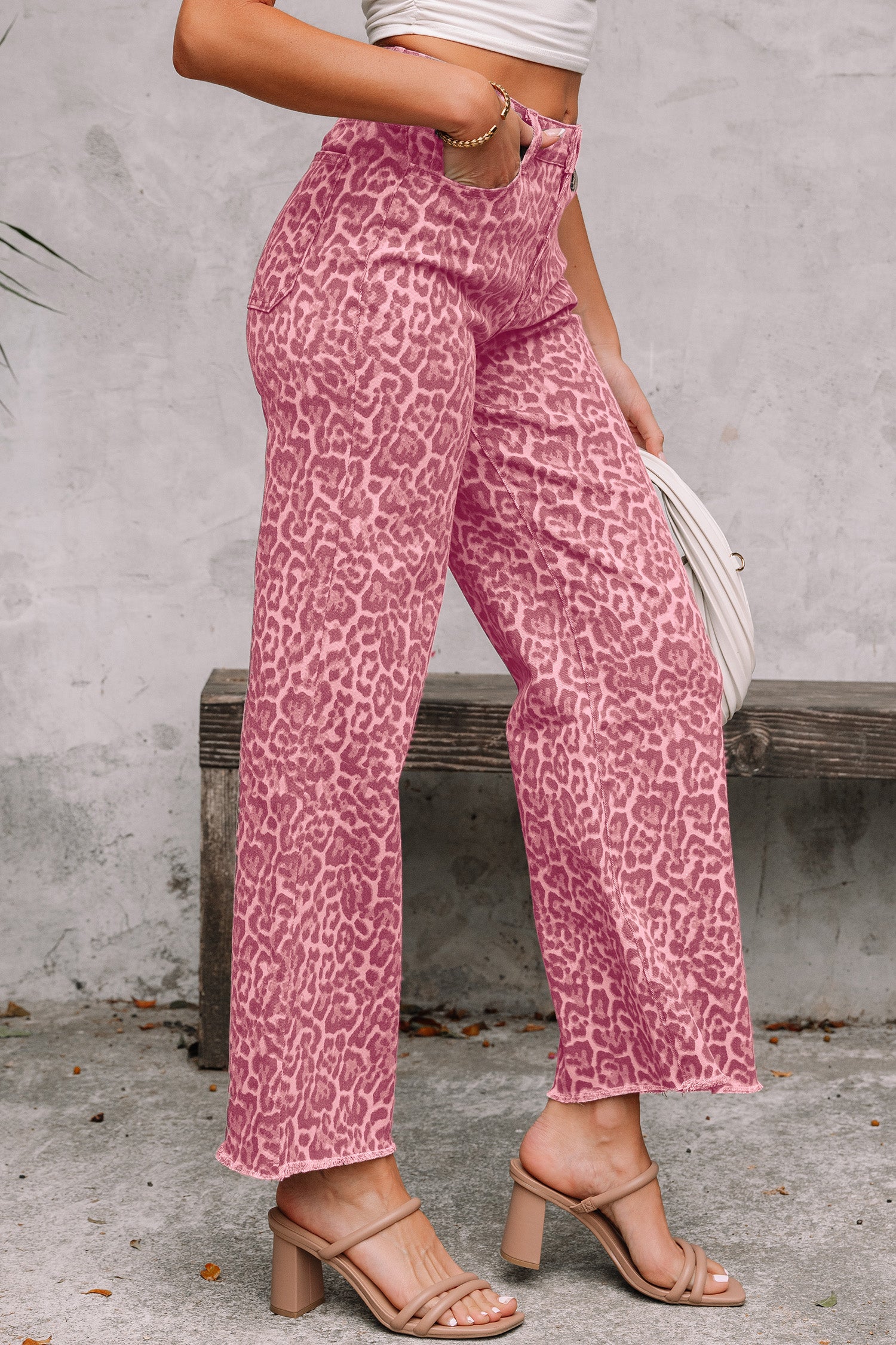 Women's Leopard Print Wide Leg High Waist Jeans | Brown, Grey, Blue & Pink at LivelyLooks