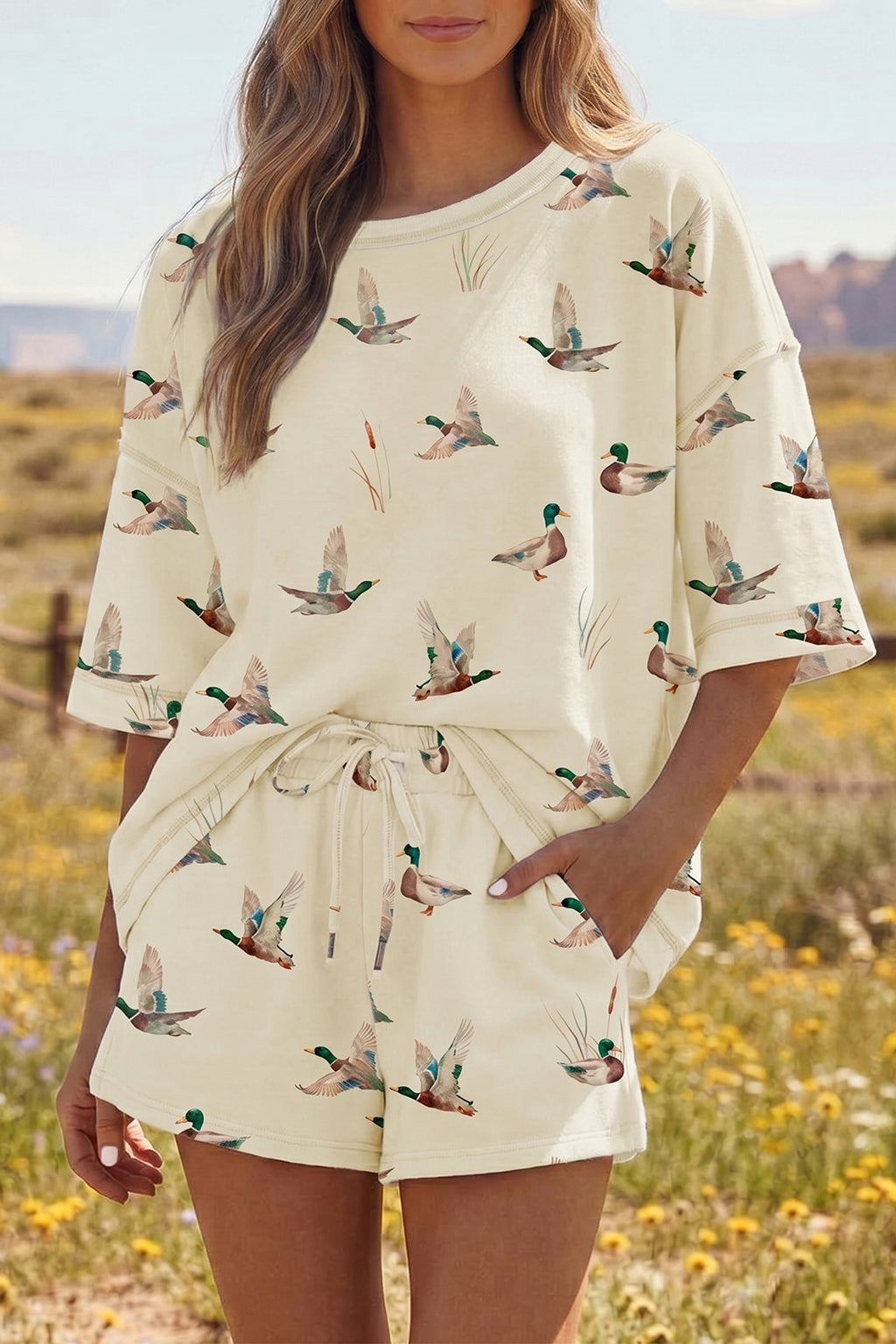 Beige Mallard Duck Print Oversized Tee & Drawstring Shorts Set Women S-XL