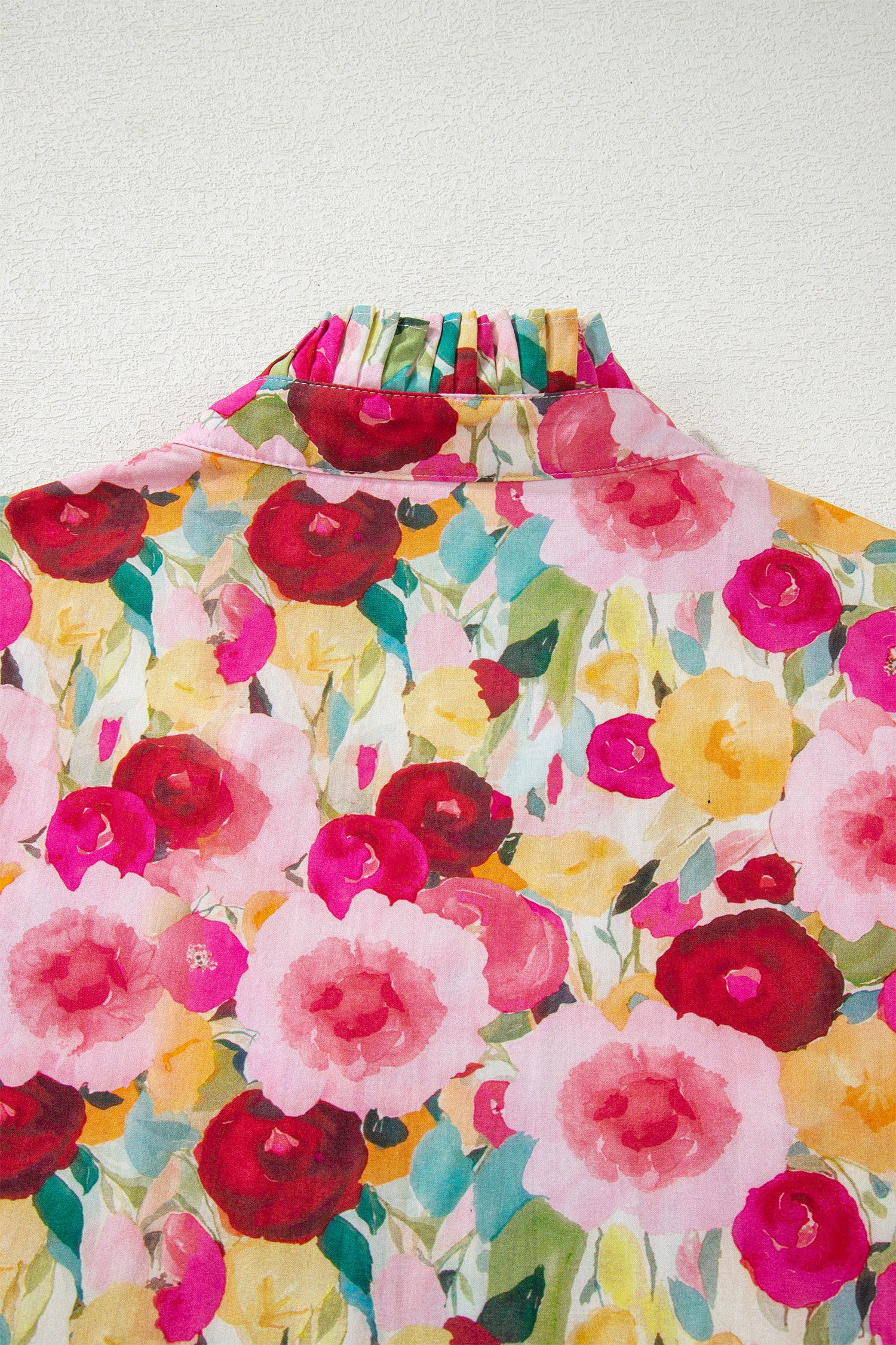 Pink Floral Frilled V Neck Puff Sleeve Blouse