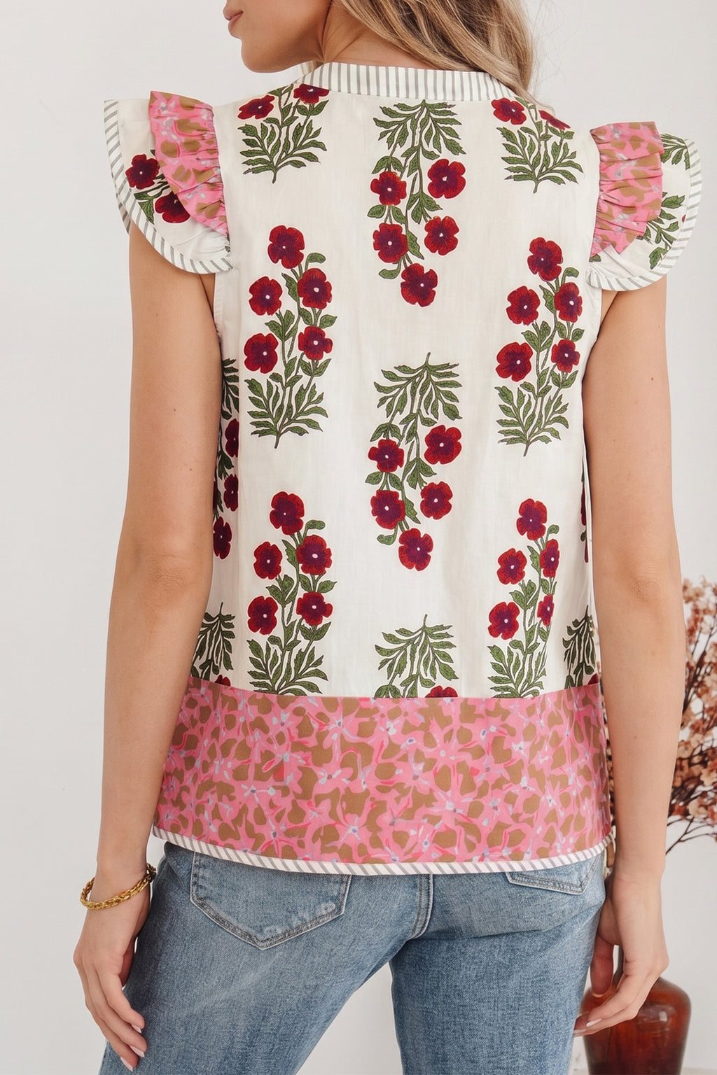 White Floral Print Flutter Blouse Contrast Striped Trim Cotton Women S-XL