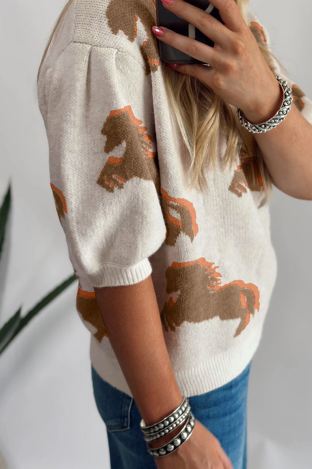 White Western Horse Print Sweater Short Puff Sleeve Women S-XL