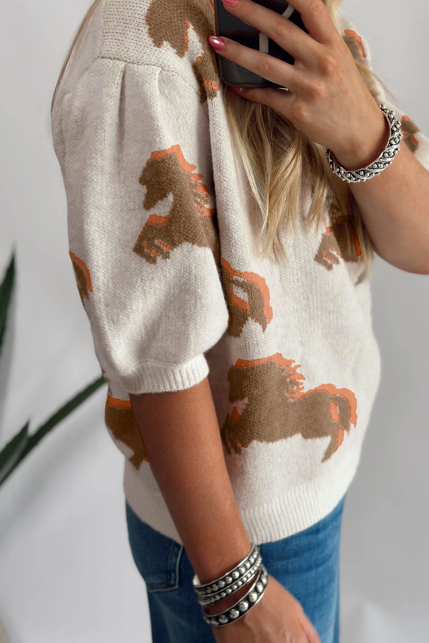 White Western Horse Print Sweater Short Puff Sleeve Women S-XL