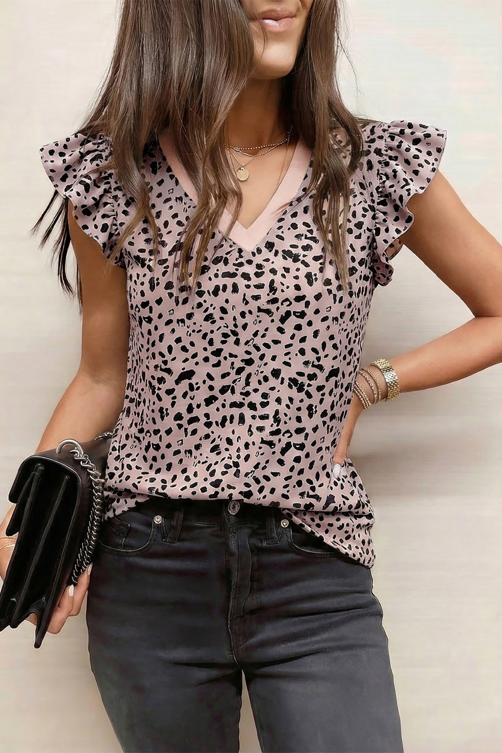 Black Cheetah Print Tank Top V Neck Ruffle Trim Loose Women S-XL