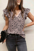 Black Cheetah Print Tank Top V Neck Ruffle Trim Loose Women S-XL