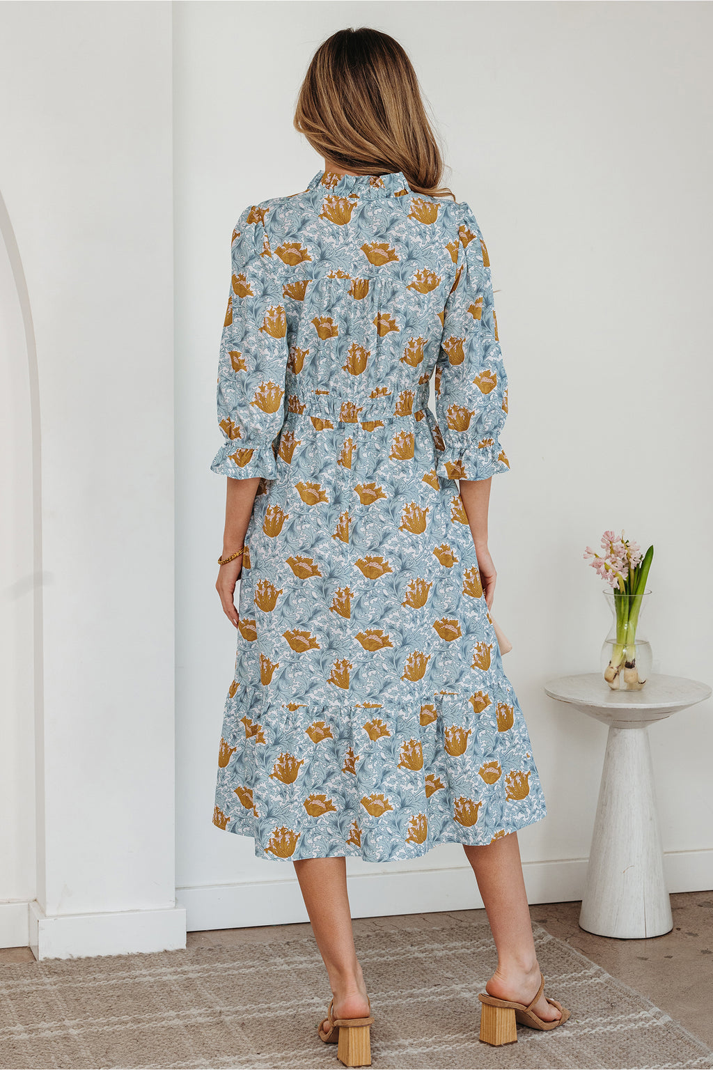Floral Frilled V Neck Long Dress Bracelet Sleeve Brown Sky Blue Women S-XL
