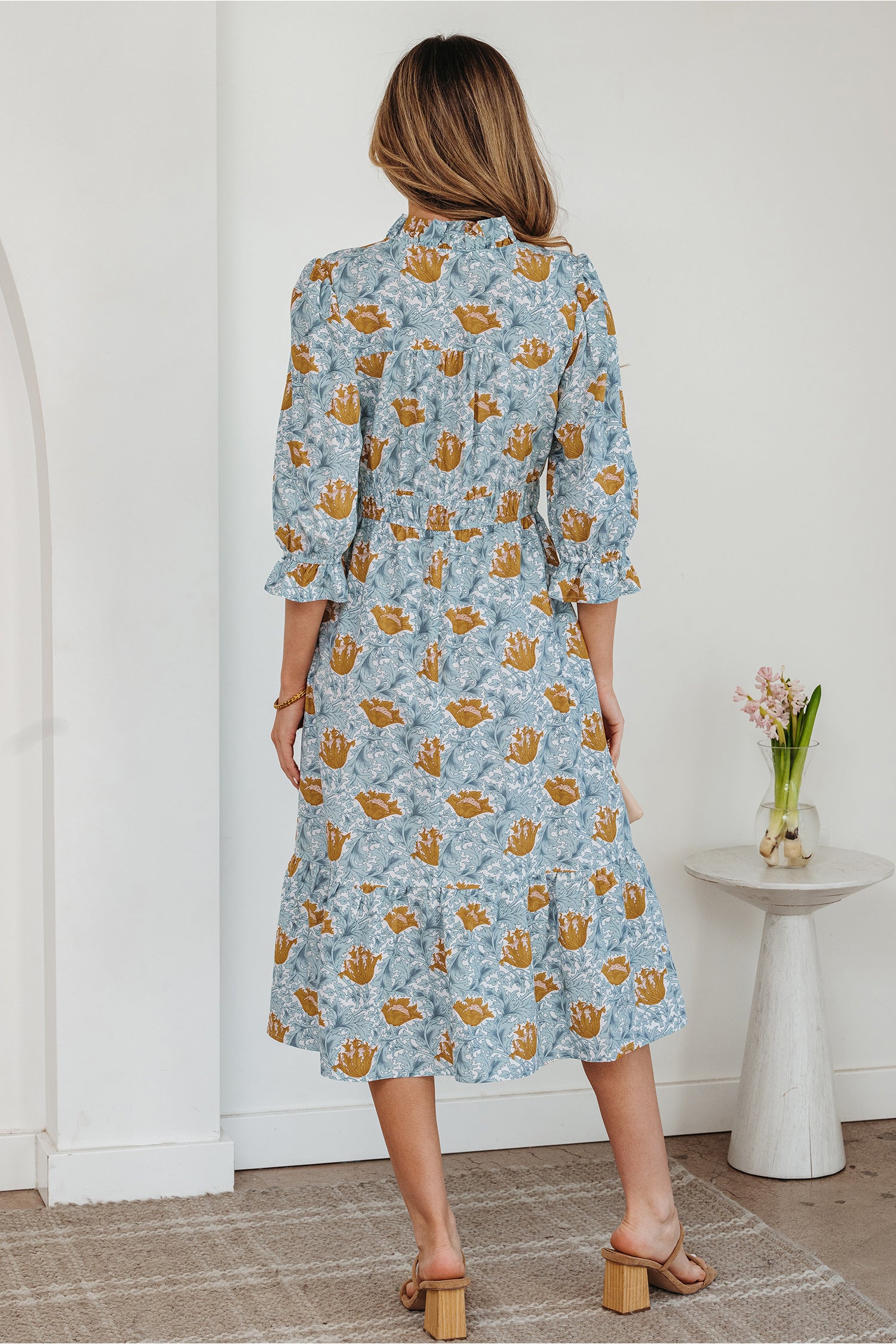 Floral Frilled V Neck Long Dress Bracelet Sleeve Brown Sky Blue Women S-XL
