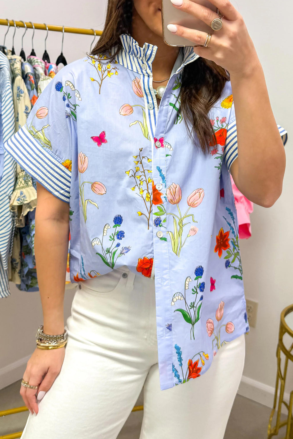 Floral Striped Ruffled Collar Shirt Short Sleeve Beige Sky Blue UK 8-22