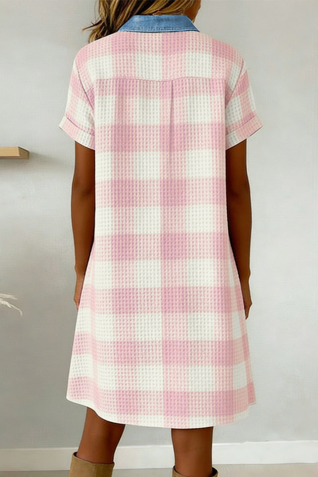 Pink Waffle Plaid Contrast Denim Shirt Collar Buttoned Mini Dress S-XL