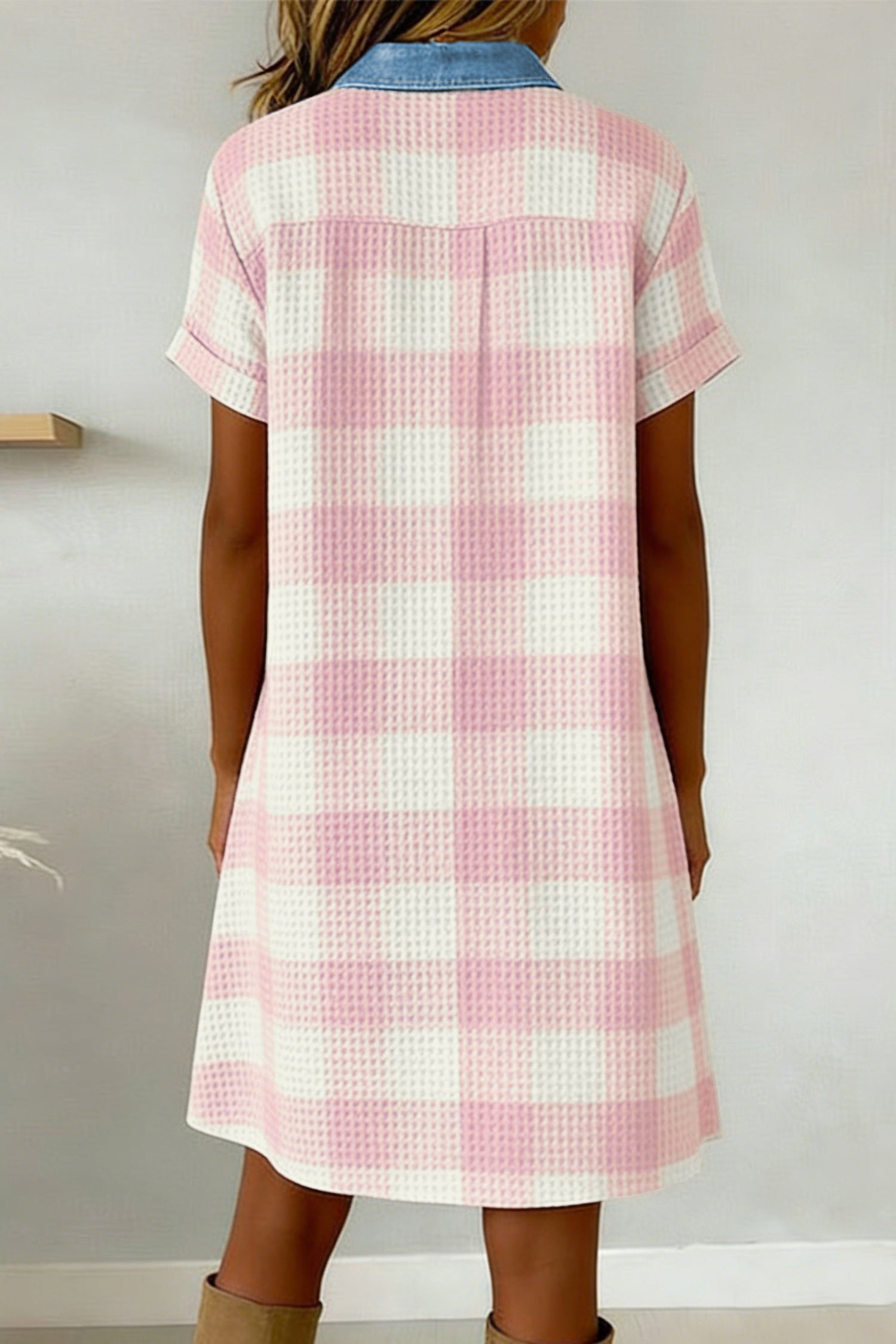 Pink Waffle Plaid Contrast Denim Shirt Collar Buttoned Mini Dress S-XL