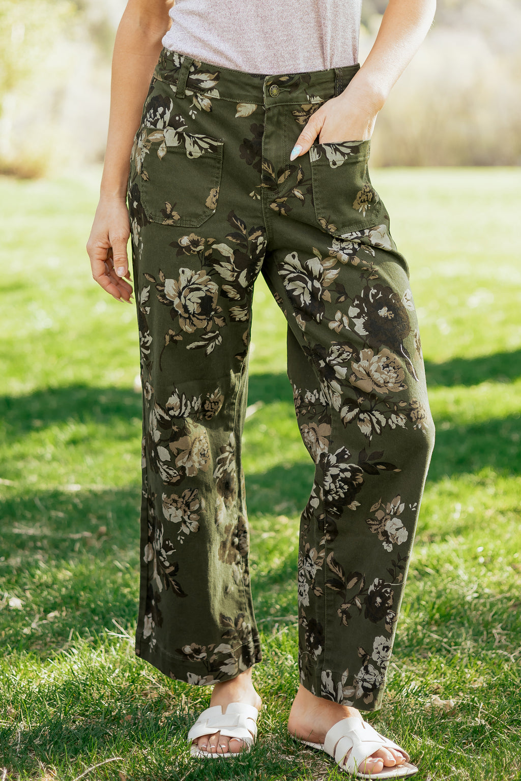 Green Vintage Floral Print Shift Jeans Square Patch Pocket Raw Hem UK 4-16