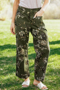 Green Vintage Floral Print Shift Jeans Square Patch Pocket Raw Hem UK 4-16