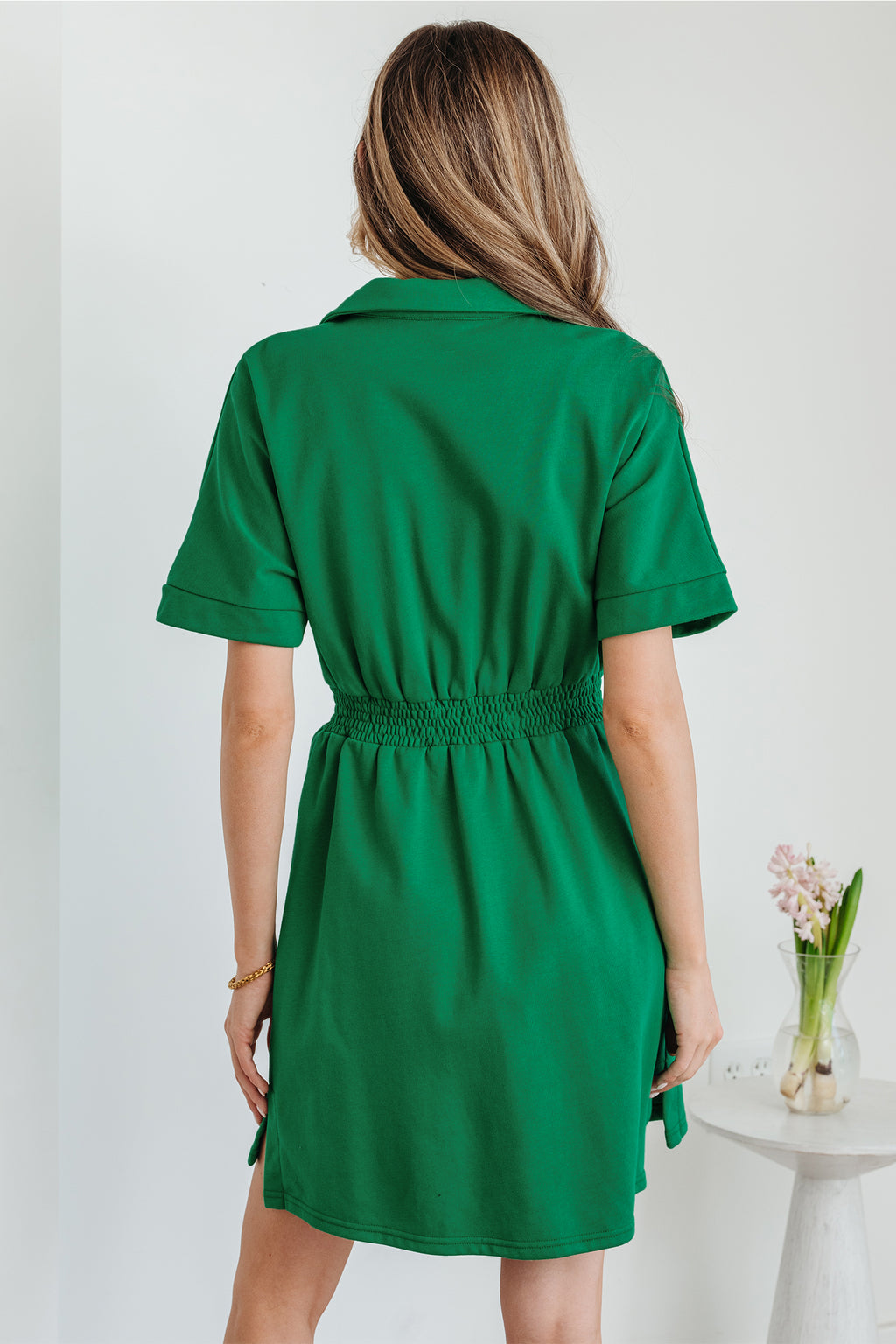 Bright Green Contrast Patchwork Half Zip Elastic Waist Mini Dress S-XL