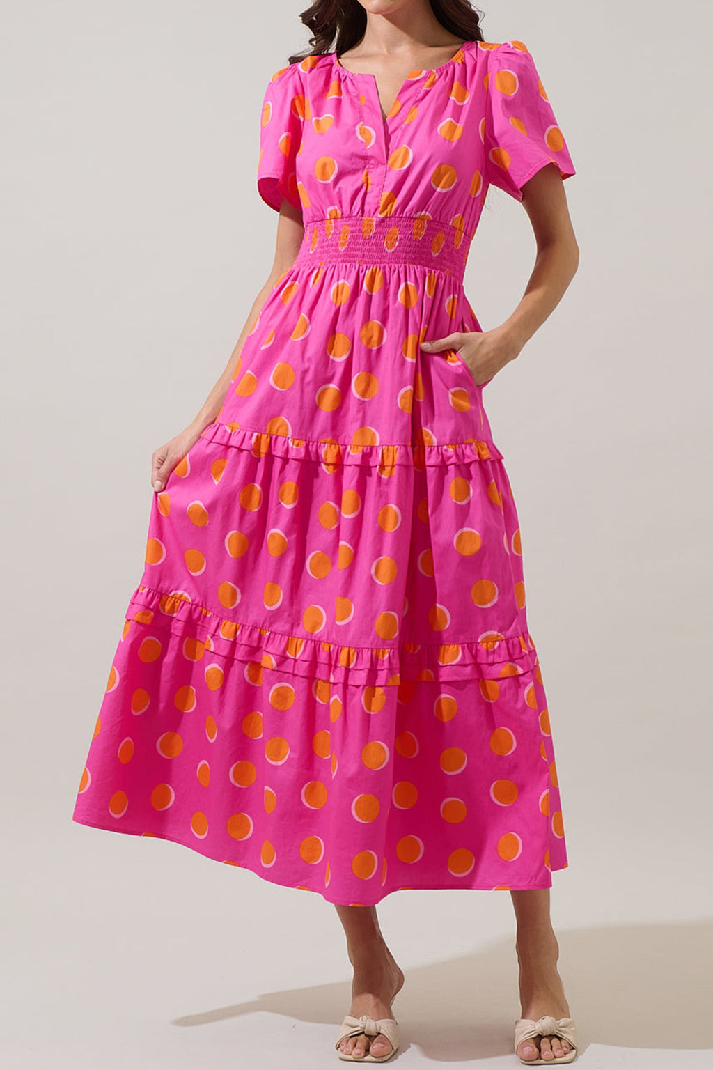 Rose Polka Dot Shirred High Waist Midi Dress | Short Sleeve Shadow Print