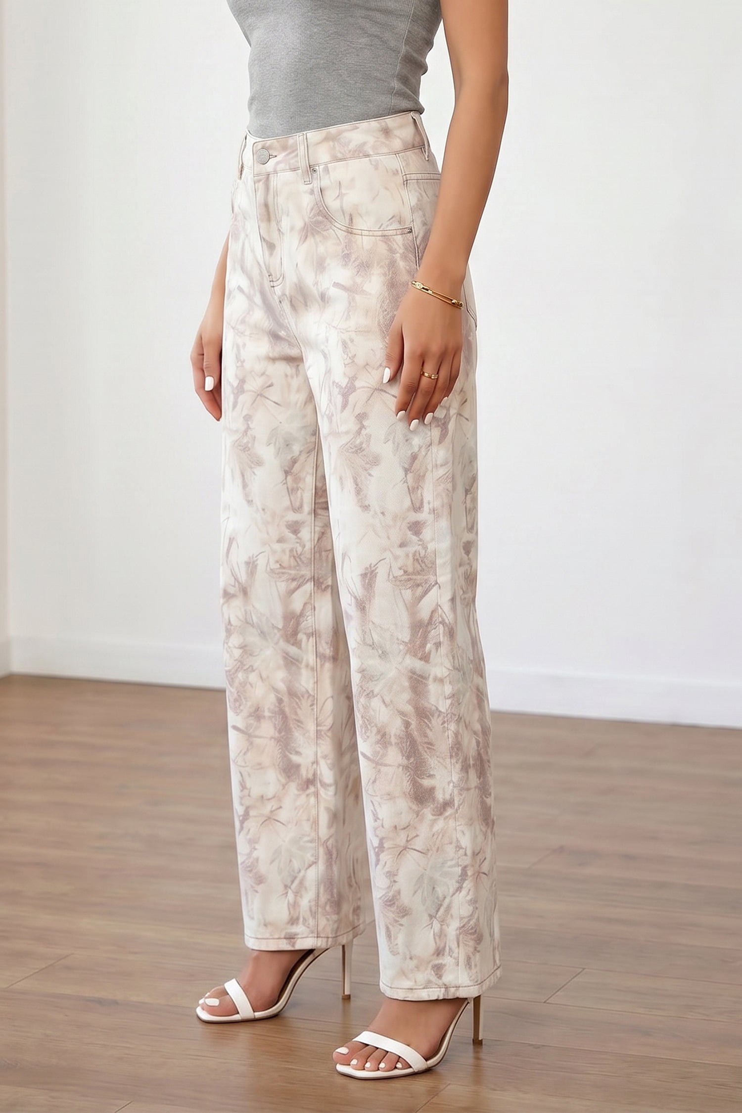 Khaki Woodland Camo Tummy Control Denim Wide Leg Jeans | UK 8–18
