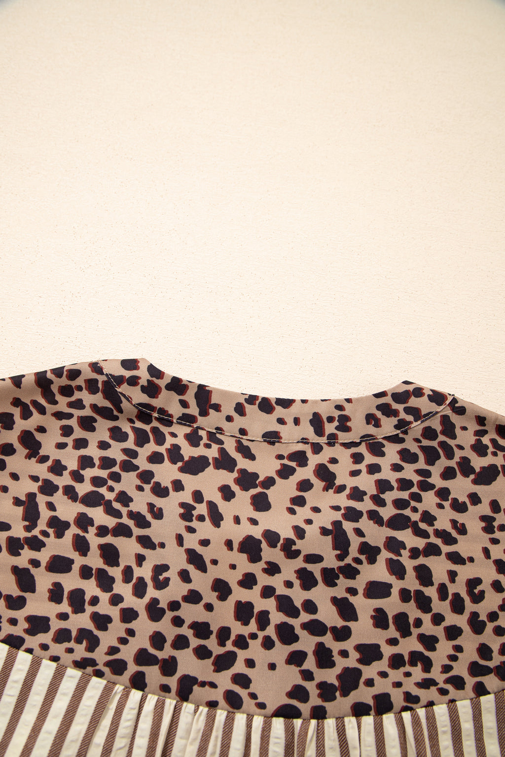 Women's Khaki Stripe Leopard Trim Button-Down Bracelet Sleeve Shirt Dress at LivelyLooks