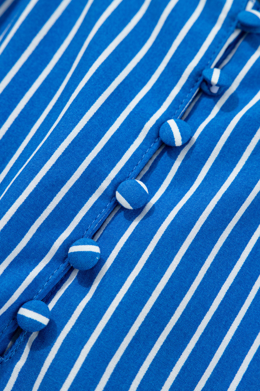 LivelyLooks Blue Stripe Puff Sleeve Blouse Ruffle Collar Button Front S-XL women's fashion
