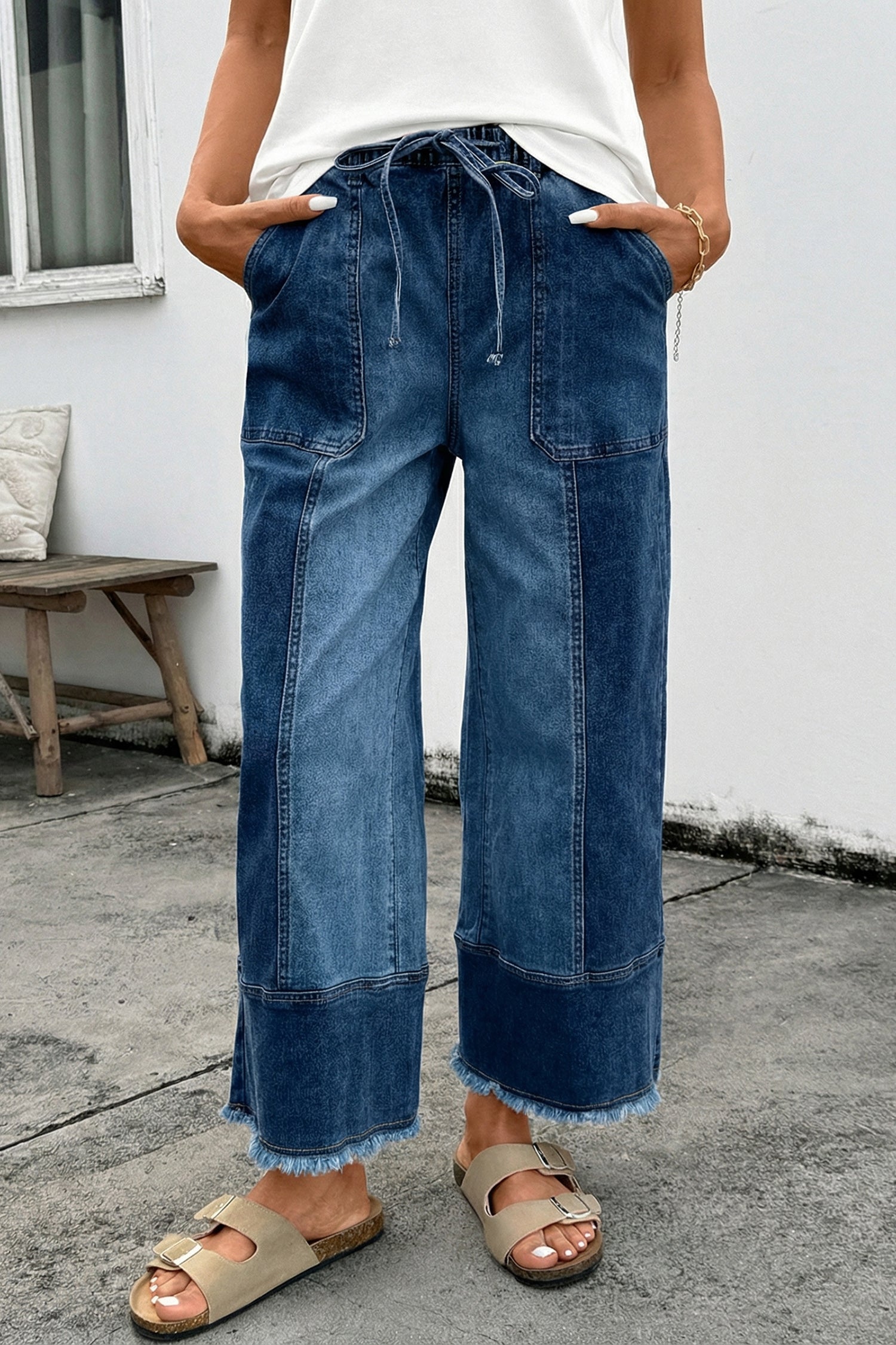 Shop Drawstring Seam Detail Raw Hem Wide Leg Denim Jeans UK 8-22 at LivelyLooks