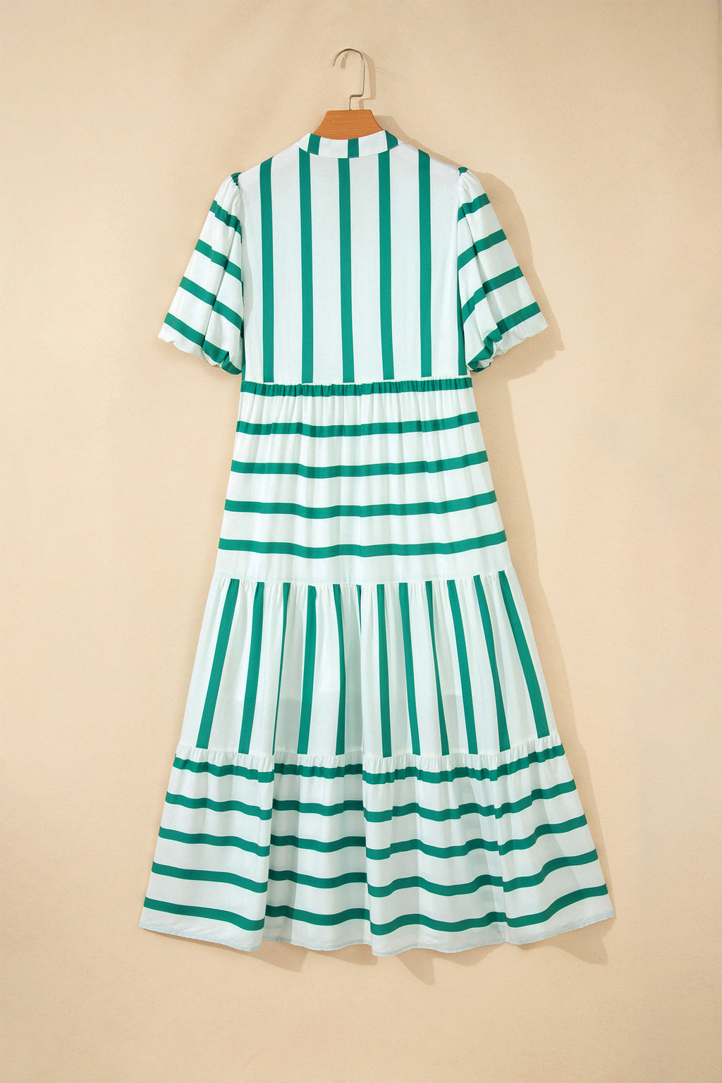Stripe Ricrac Notch V-Neck Puff Sleeve Midi Dress Green Sky Blue S-XL