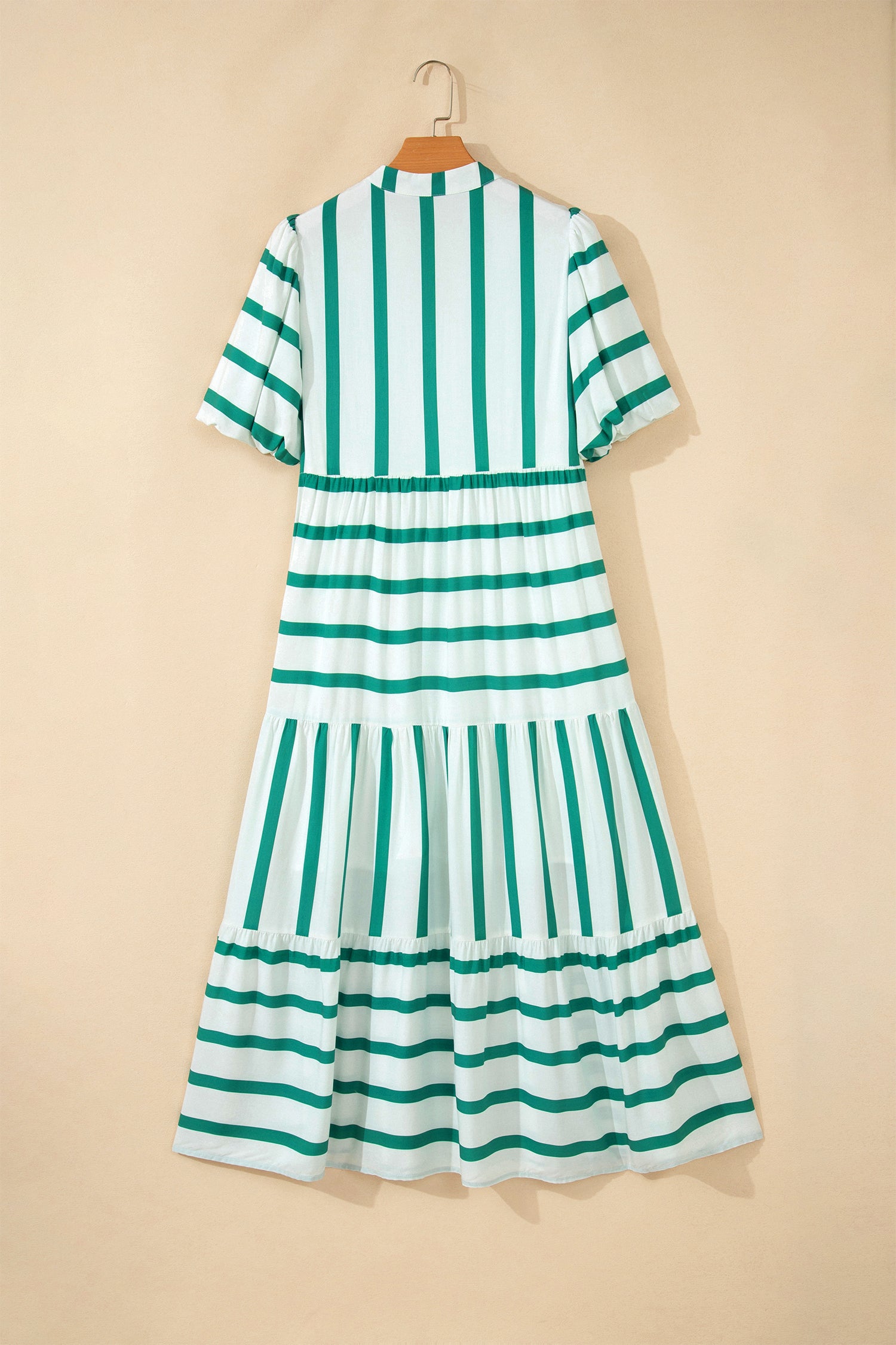 Stripe Ricrac Notch V-Neck Puff Sleeve Midi Dress Green Sky Blue S-XL