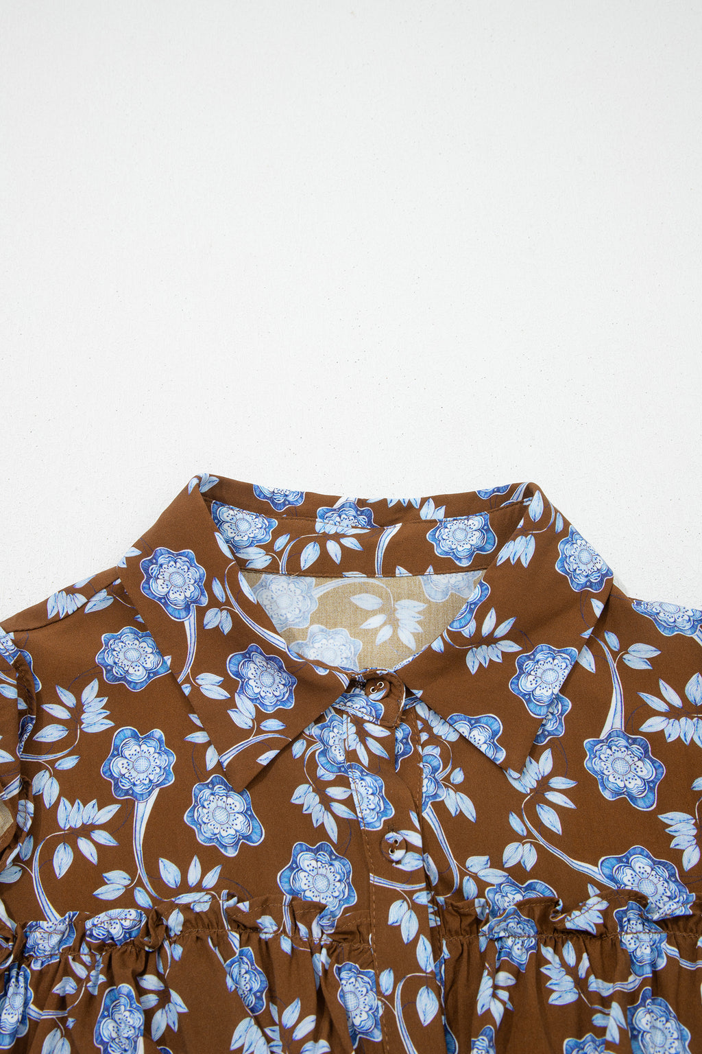Brown Floral Print Shirt Dress Ruffled Detail Collar Button Down Long Sleeve Women S-XL
