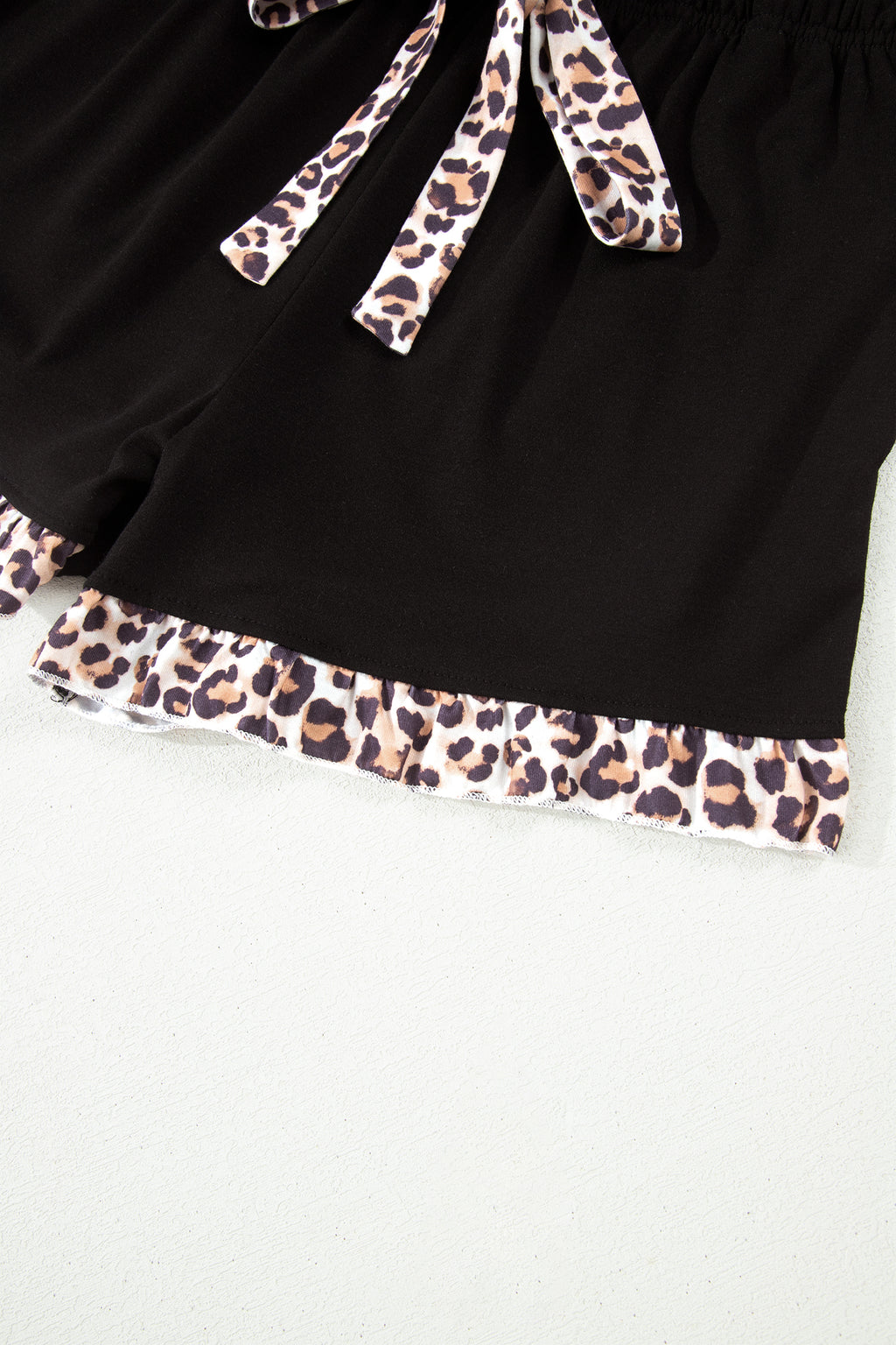 Women's Black Leopard Patchwork Trim Lapel Shirt Drawstring Shorts Pyjama Set Nightwear PJ at LivelyLooks