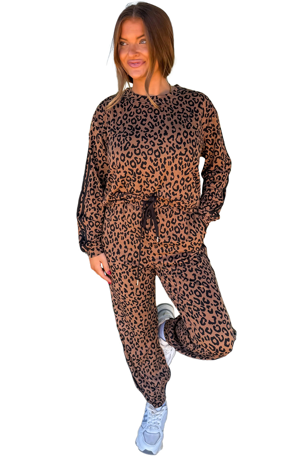 Brown Varsity Stripe Leopard Print Long Sleeve Top & Drawstring Trouser Set