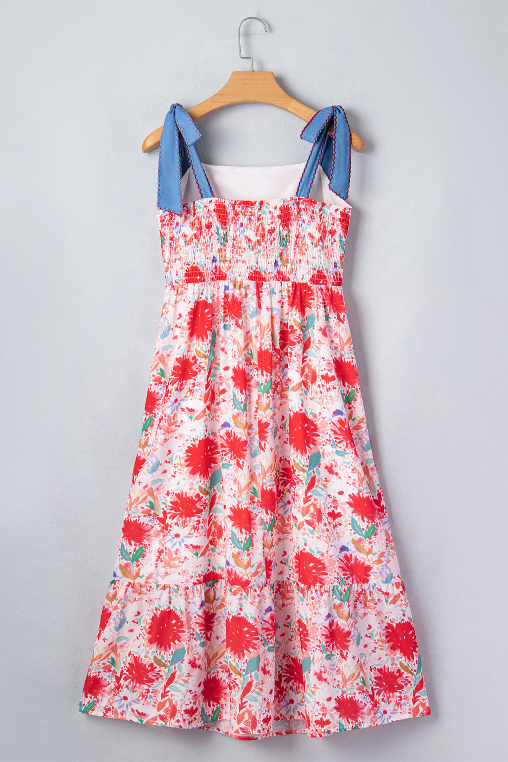 LivelyLooks Yellow Floral Print Contrast Stitched Knot Denim Straps High Waist Dress women's fashion