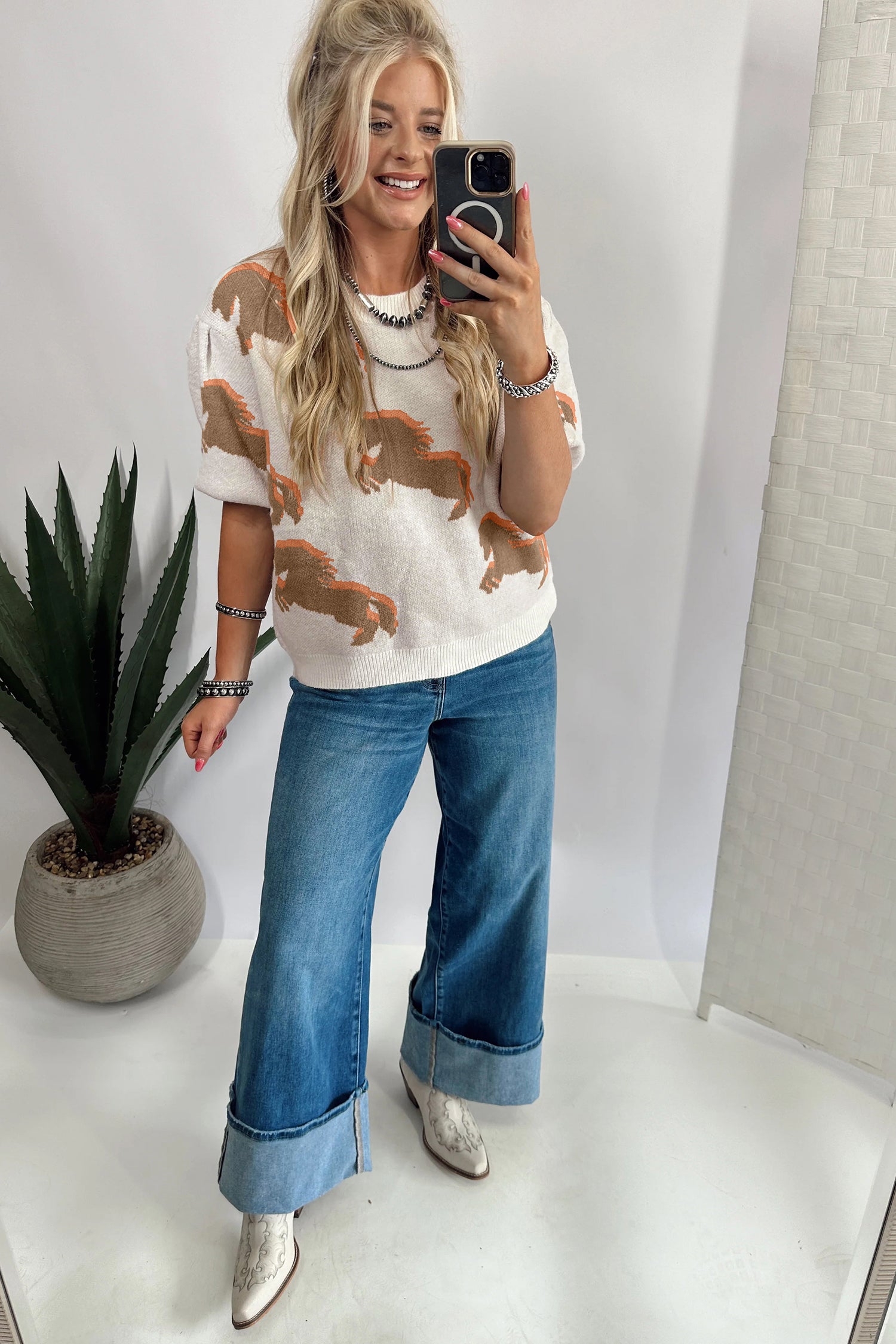 White Western Horse Print Sweater Short Puff Sleeve Women S-XL