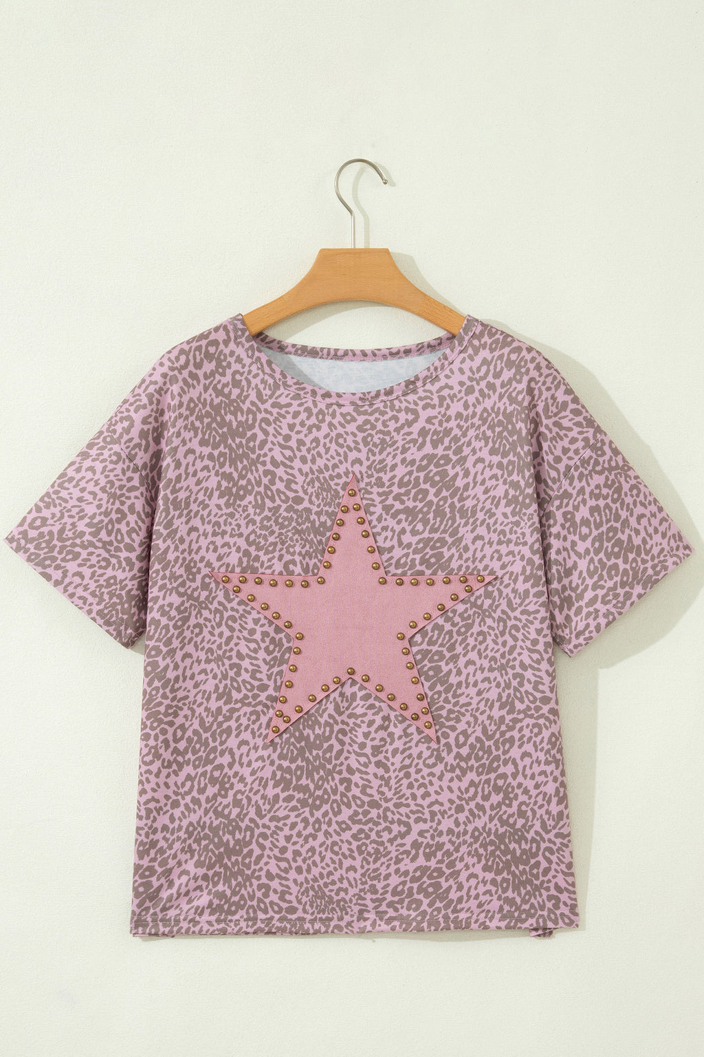 LivelyLooks Khaki Leopard Retro Studded Star Patch Loose Tee Animal Print T-Shirt Boho Top women's fashion