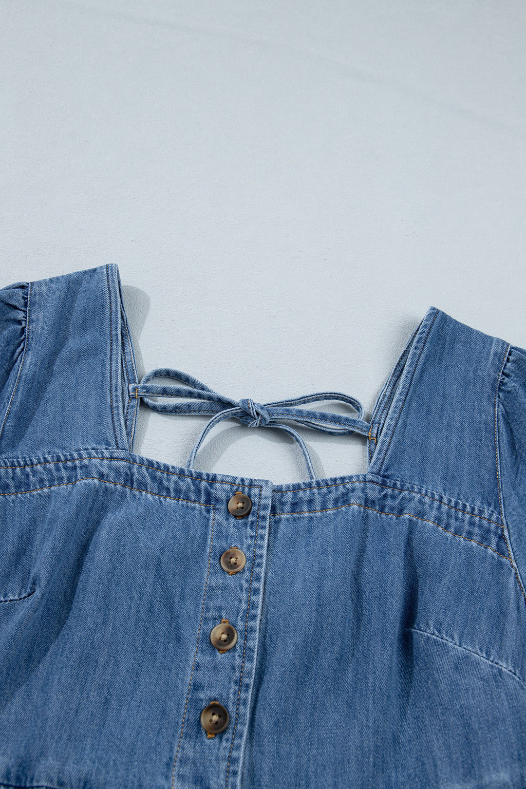Women's Denim Mini Dress Square Neck Puff Sleeve Button Smocked Back S-XL at LivelyLooks