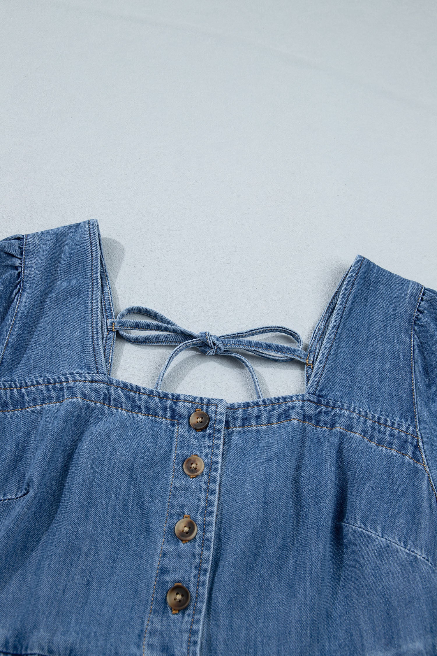 Women's Denim Mini Dress Square Neck Puff Sleeve Button Smocked Back S-XL at LivelyLooks