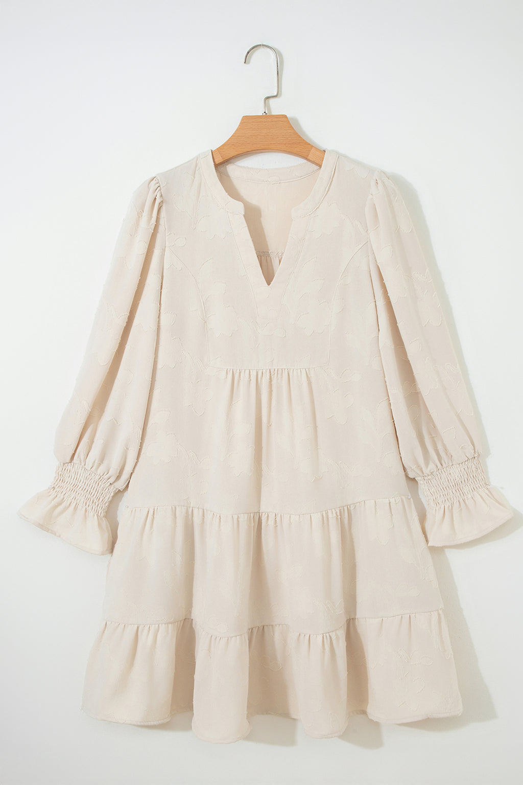 Women's Parchment Jacquard Tiered Mini Dress with Notched Neck at LivelyLooks